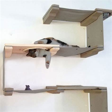 Wallmounted Wooden Cat Tree House With Hammock Springboard CatsPros