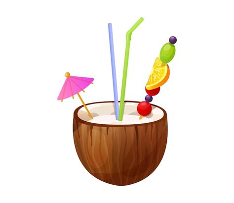 Premium Vector Coconut Cocktail With Straw Umbrella And Fruit Garnish Tropical Drink In