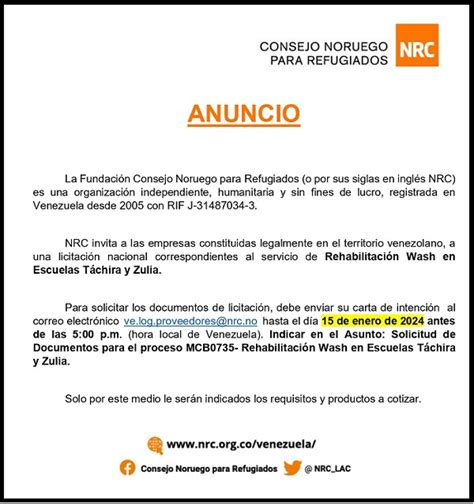 LICITACIÓN CONSEJO NORUEGO PARA REFUGIADOS