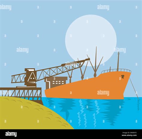 Illustration Of Boom Crane Loading A Cargo Ship At The Docks Done In