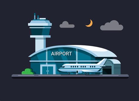 Airport building at night concept in flat cartoon illustration vector ...