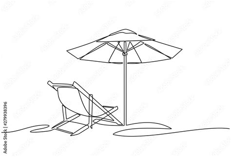 Continuous Line Drawing Of Beach Umbrella And Chairs Summer Vacation