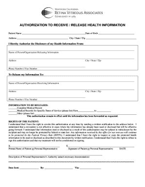 Fillable Online AUTHORIZATION TO RECEIVE RELEASE HEALTH INFORMATION