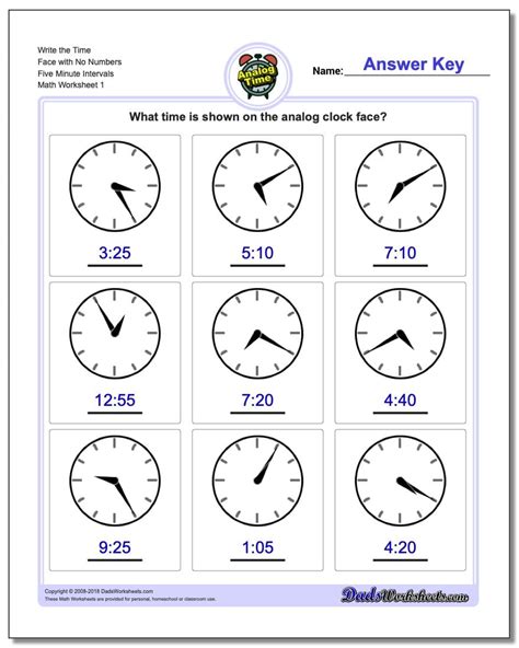 Telling Time In 5 Minute Intervals Worksheets