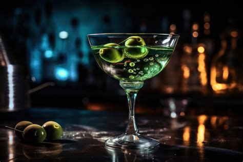 Una Copa De Martini Con Aceitunas Verdes Y Una Botella De Alcohol En El