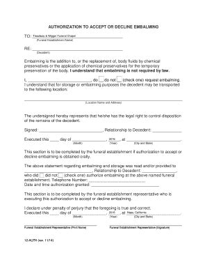 Fillable Online Embalming Authorization Form TreadwayWigger Fax