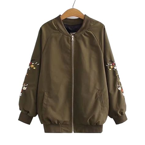 Flower Embroidered Bomber Jacket Women Spring Autumn Plus Size Zipper