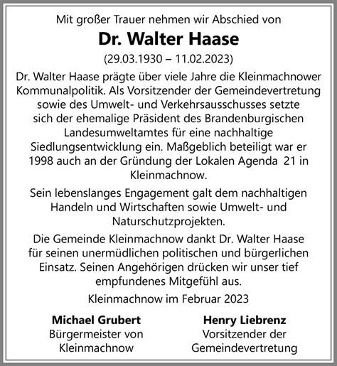 Traueranzeigen Von Walter Haase Trauer Anzeigen De