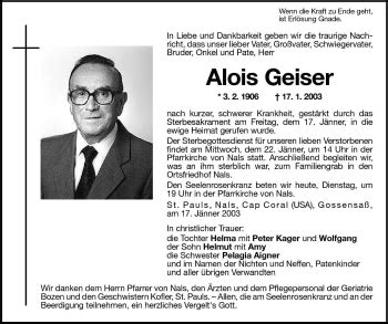 Traueranzeigen Von Alois Geiser Trauer Bz