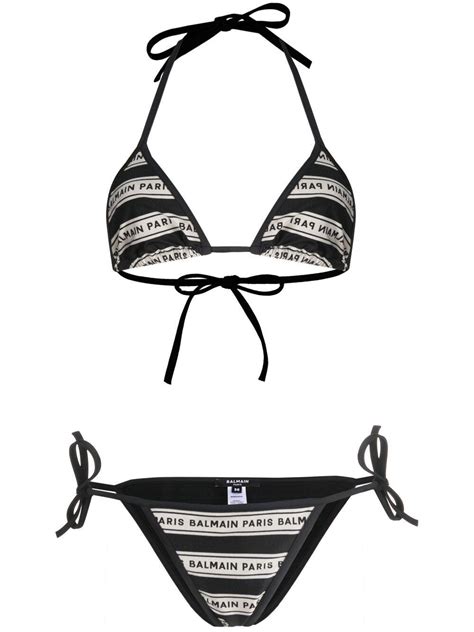 Balmain Logo Stripe Triangle Bikini Black Editorialist