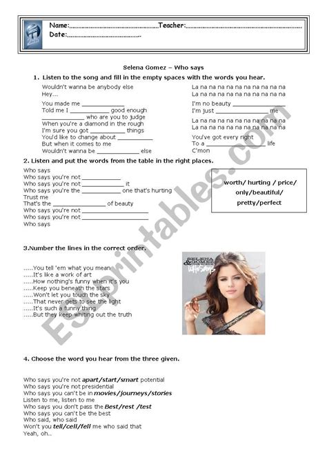 Who says- a song by Selena Gomez - ESL worksheet by Tavinho86