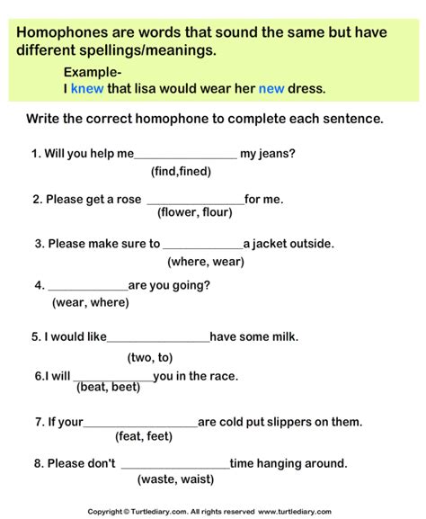 Fill In The Blanks With Correct Homophone Turtle Diary Worksheet