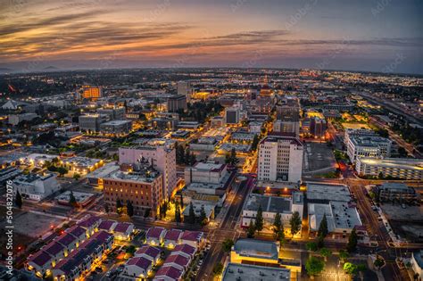 Aerial View of the Fresno, California Skyline at Dusk Stock Photo ...