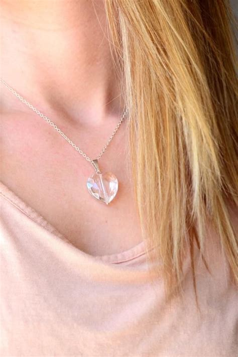 Large Faceted Clear Crystal Heart Necklace Silver Etsy Crystal