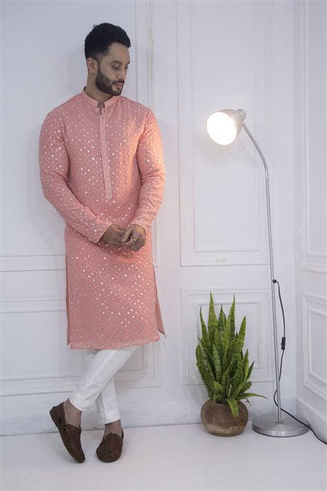 Peach Mirror Work Kurta Wedding Kurta For Men Gents Kurta Design