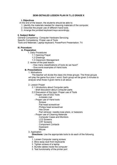 Semi Detailed Lesson Plan Semi Detailed Lesson Plan In T L Grade 8 I Objectives At The End Of