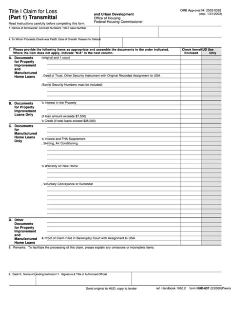 Fillable Form Hud Title I Claim For Loss Part Transmittal U