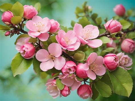 Flores De Manzana Rosa En La Rama De Hojas Verdes Foto Premium