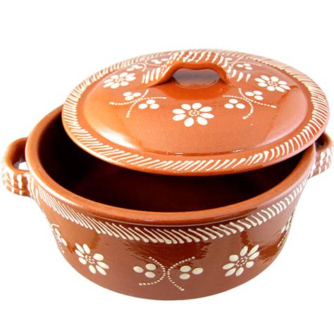 Traditional Portuguese Hand Painted Clay Terracotta Cazuela Cooking Pot