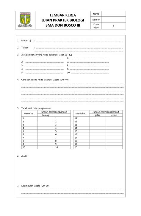 PDF LEMBAR KERJA UJIAN PRAKTEK BIOLOGI Nomor SMA DON LEMBAR KERJA