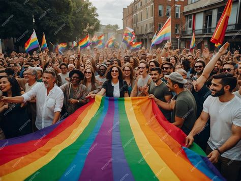 Premium Photo A Crowd Of People Holds Rainbow Flags To Support The