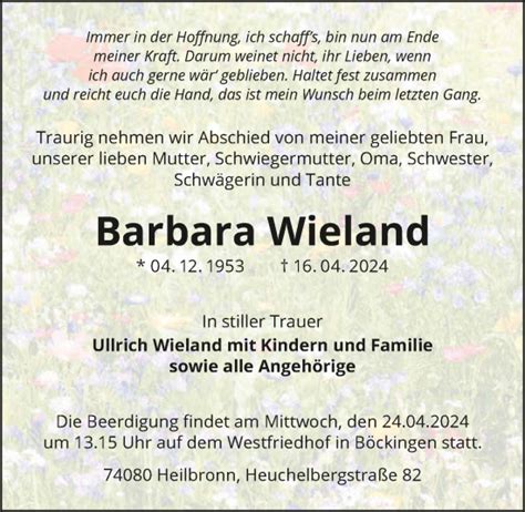 Traueranzeigen Von Barbara Wieland Trauerundgedenken De