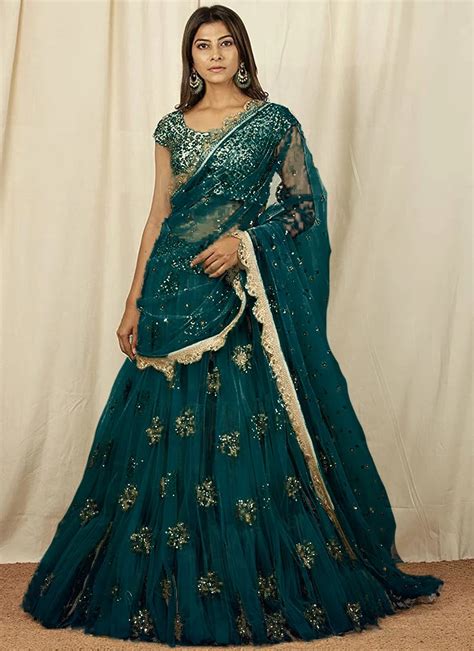 Buy Teal Green Net Embroidered Umbrella Lehenga Choli Party Wear Online