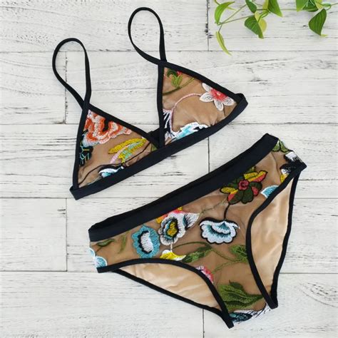 2017 New Floral Embroidery Bikini Sexy Women Swimsuit Bandeau Brazilian Swimwear Vintage Print