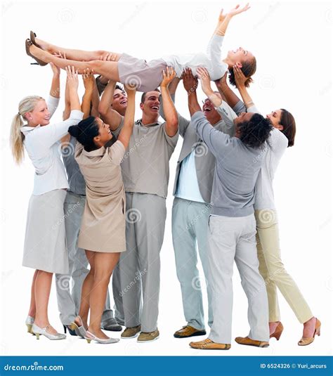 Success Young Woman Carried By Her Colleagues Stock Photo Image Of