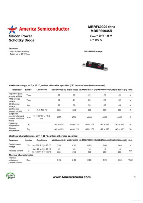 Mbrf Datasheet Diode Equivalent America Semiconductor