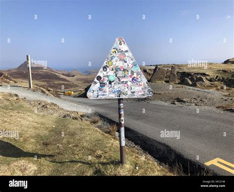 Overtourism Issues Road Sign Covered In Stickers At The Quiraing