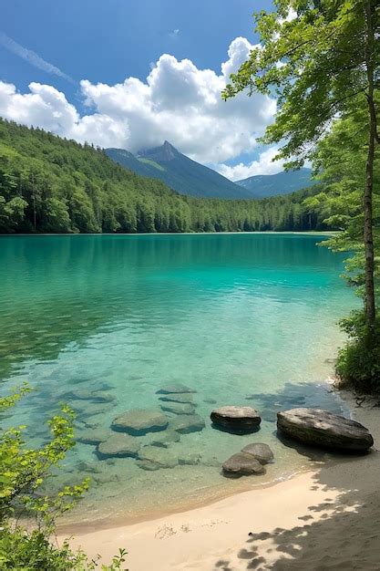 Uma Praia Um Lago Cristalino E Uma Exuberante Floresta Verde Ao