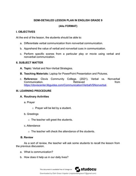 4as Semi Detailed Lesson Plan English 9 Pdf