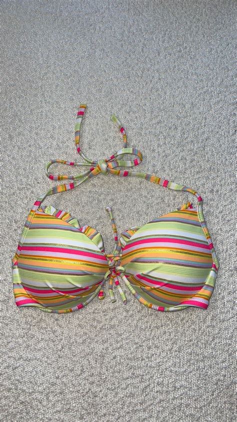 EUC Victorias Secret Striped Halter Bikini Top 34D Gem