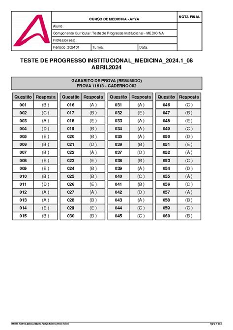 Tpi Medicina Abril Gabarito Caderno Curso De Medicina