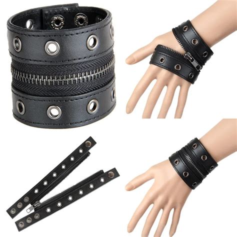 Punk Gothic Rock Leather Wristband Bangle Wide Cuff Bracelet Just Drag