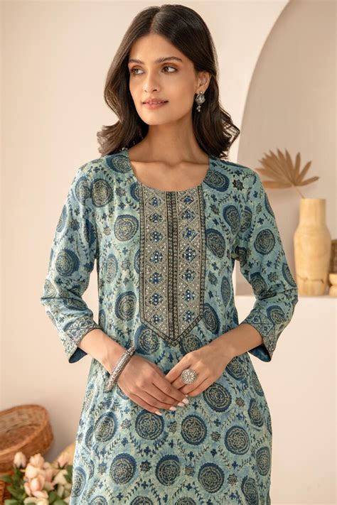 Buy Akola Hand Block Printed Straight Cotton Modal Kurta For Women