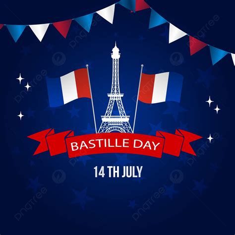 Happy Bastille Day Design With Flags And Eiffel Tower Background