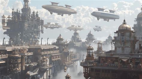 Uma Cidade Steampunk Dirig Veis Voando Acima A Cidade Est Cheia De