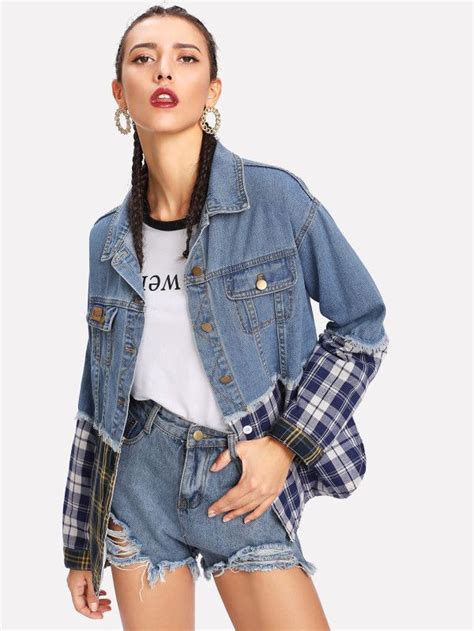 Plaid Contrast Drop Shoulder Denim Jacket Denim Inspiration Denim Fashion Denim Jacket Women