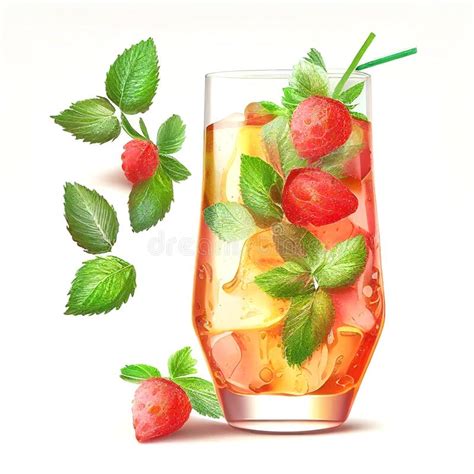 Realistic Strawberry Cocktail Fresh Summer Cocktail With Strawberries Ice Cubes And Mint Stock