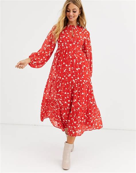 Asos Design Tiered Long Sleeve Smock Maxi Dress In Floral Print Asos