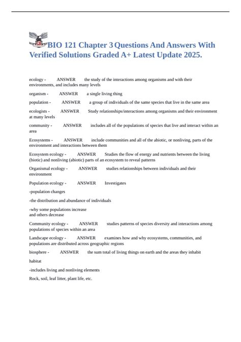 BIO 121 Chapter 3 Questions And Answers With Verified Solutions Graded