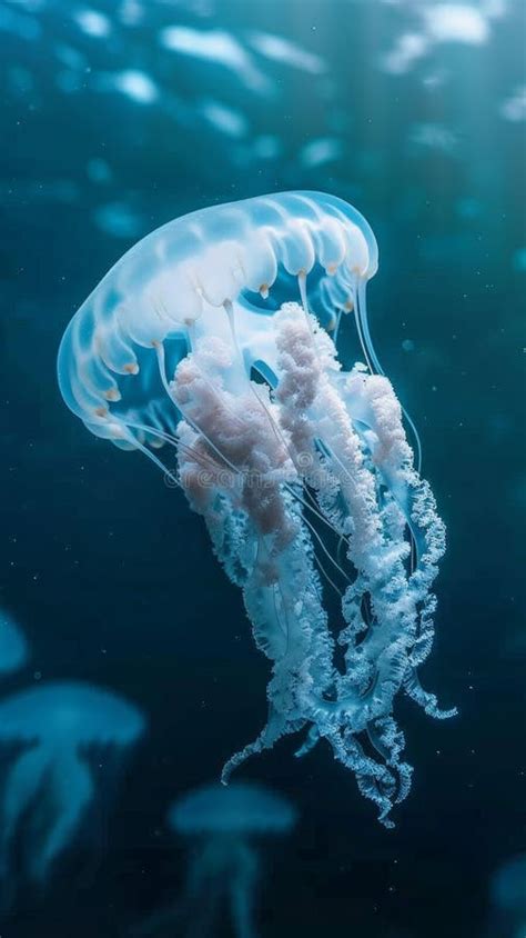 Ethereal Jellyfish Gliding Through The Deep Blue Ocean Stock Photo