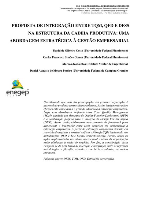 PDF Proposta de integração entre TQM QFD e DFSS na estrutura da