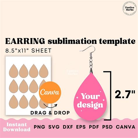 Teardrop Earring Sublimation Template Earring Template PNG Teardrop