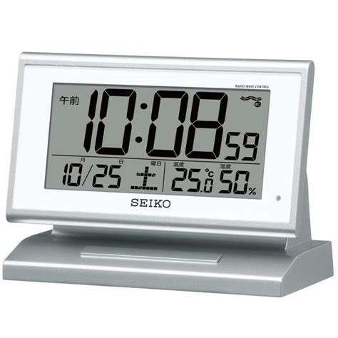 セイコークロックseiko Clock 目覚まし時計 自動点灯 電波 デジタル カレンダー 温度 湿度 表示 夜でも見える 銀色