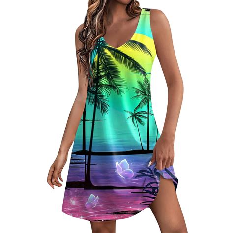 Knosfe Hawaiian Dress For Women Sleeveless Crew Neck Beach Mini