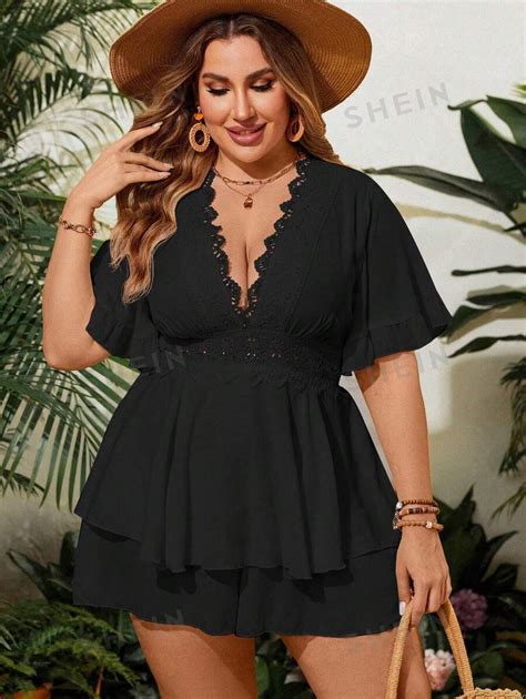 Shein Wywh Plus Size Womens Lace Splice Ruffle Short Sleeve Romper