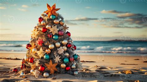 Christmas Tree Made Of Ornaments Starfish And Seashells On The Ocean